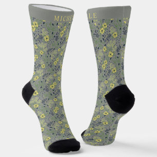 Custom Grey Green Floral Yellow Flowers Socken