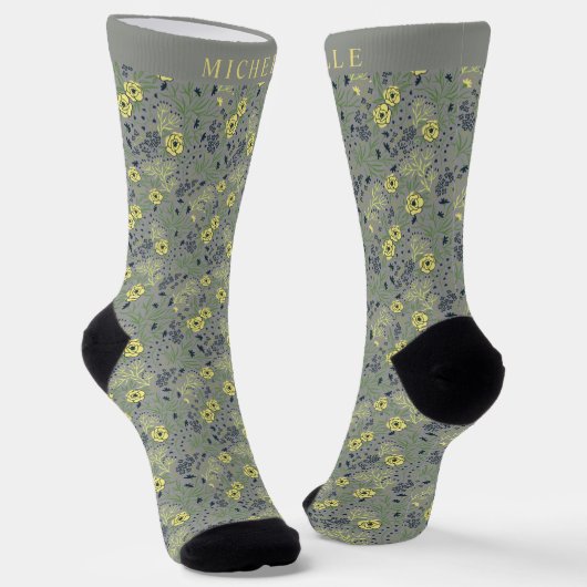 Custom Grey Green Floral Yellow Flowers Socken (Gewinkelt)