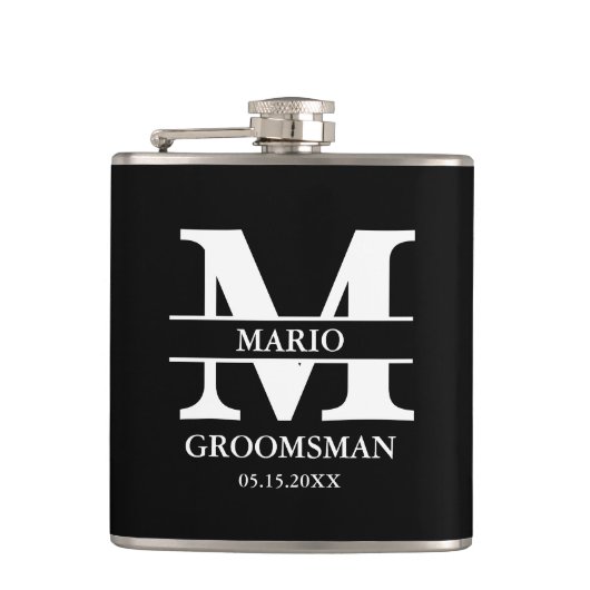 Custom Groomsman Best Man Wedding Monogram Black  Flachmann (Vorderseite)