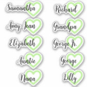 Custom Guest List 10 Names Calligraphy Mint Heart Aufkleber (Vorderseite)