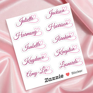 Custom Guest List 10 Names Pink Calligraphy Herz Aufkleber