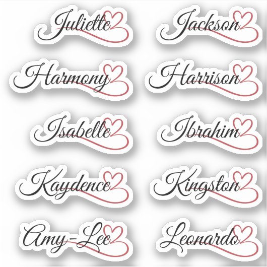 Custom Guest List 10 Names Red Calligraphy Heart Aufkleber (Vorderseite)
