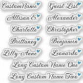 Custom Guest List 12 Names Calligraphy Blue Heart Aufkleber (Vorderseite)