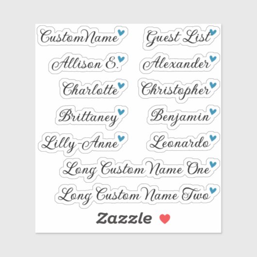 Custom Guest List 12 Names Calligraphy Blue Heart Aufkleber (Blatt)