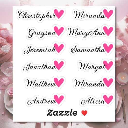 Custom Guest List 12 Names Calligraphy Pink Heart Aufkleber