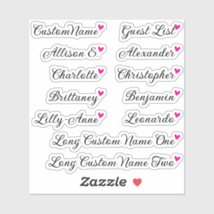 Custom Guest List 12 Names Calligraphy Pink Heart Aufkleber