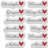 Custom Guest List 12 Names Calligraphy Red Heart Aufkleber (Vorderseite)