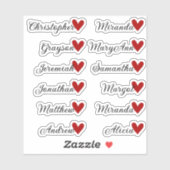 Custom Guest List 12 Names Calligraphy Red Heart Aufkleber (Blatt)