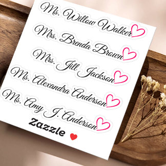 Custom Guest List 5 Long Names Calligraphy Herz Aufkleber