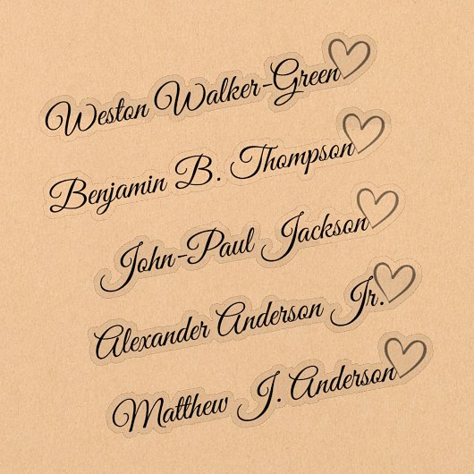 Custom Guest List 5 Long Names Calligraphy Herz Aufkleber