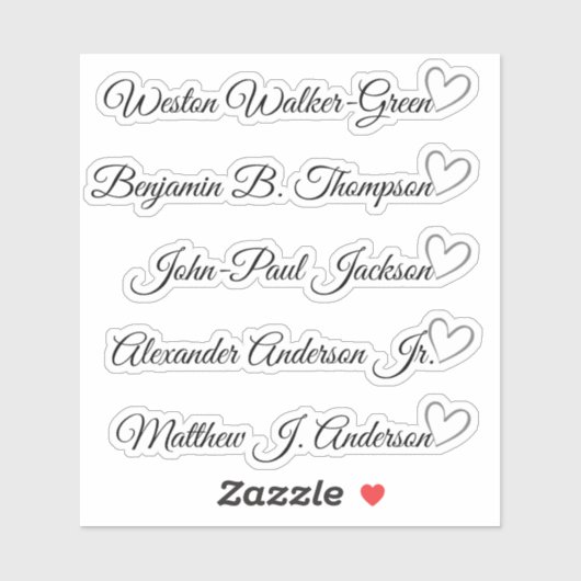Custom Guest List 5 Long Names Calligraphy Herz Aufkleber (Blatt)