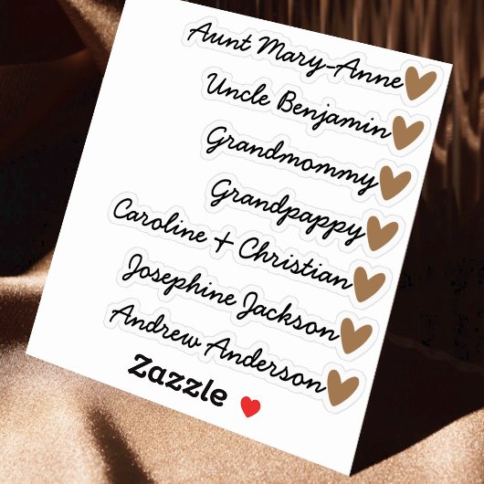 Custom Guest List 7 Names Calligraphy Brown Heart Aufkleber