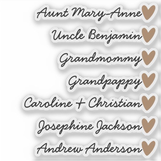 Custom Guest List 7 Names Calligraphy Brown Heart Aufkleber (Vorderseite)