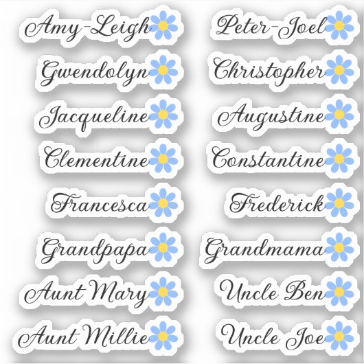 Custom Guest List Names Calligraphy Daisy Blume Aufkleber (Vorderseite)