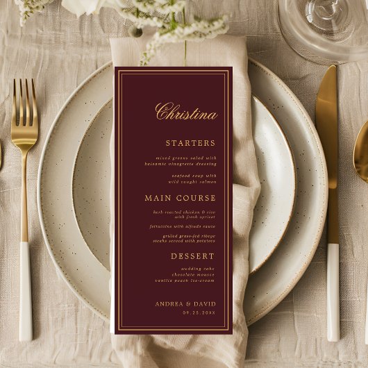 Custom Guest Name Burgundy Gold Place Card Menu Menükarte
