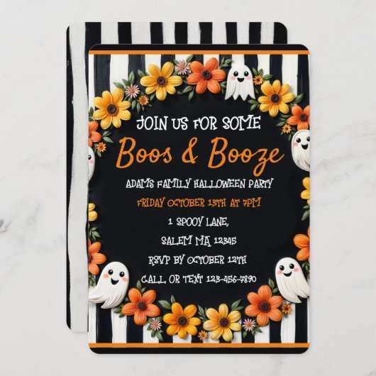 Custom Halloween 'Boos & Booze' Ghost & Floral Einladung (Vorne/Hinten)