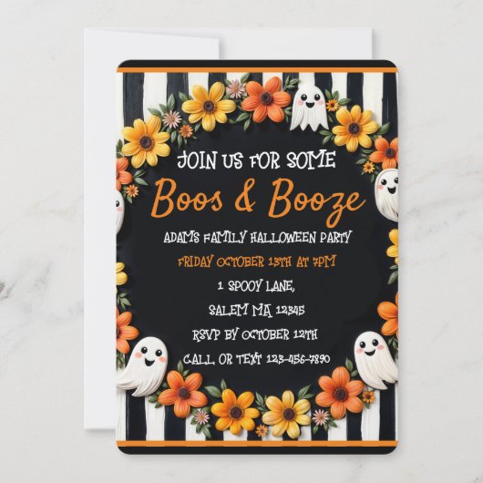 Custom Halloween 'Boos & Booze' Ghost & Floral Einladung (Vorderseite)