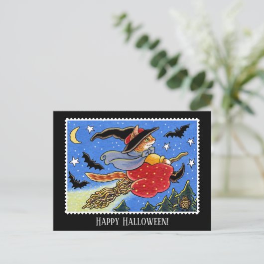 Custom Halloween Cat Hexenstift Postkarte (Stehend Vorderseite)