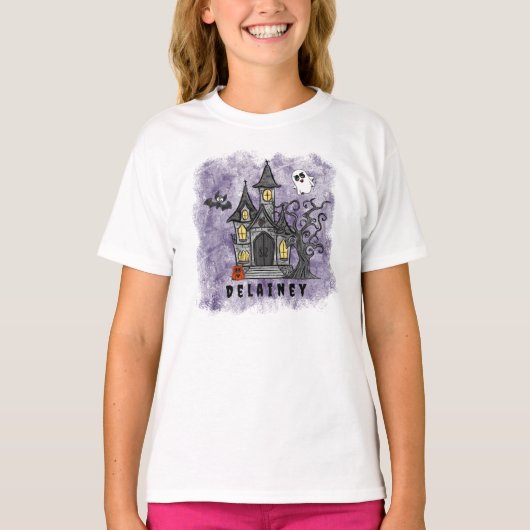 Custom Halloween Spooky Niedliches Spuk Haus Lila T-Shirt (Vorderseite)