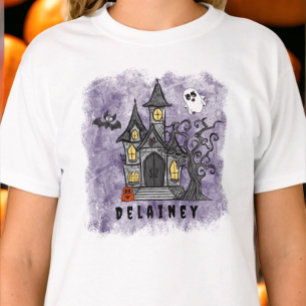 Custom Halloween Spooky Niedliches Spuk Haus Lila T-Shirt