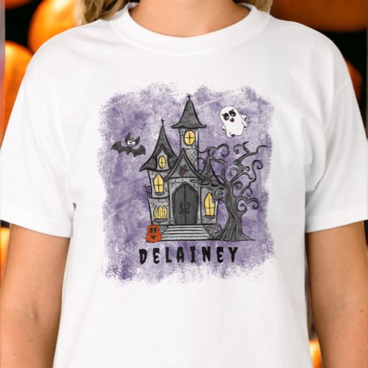 Custom Halloween Spooky Niedliches Spuk Haus Lila T-Shirt