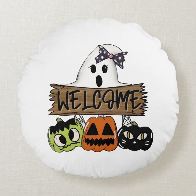 Custom Halloween Welcome Sign Round Pillow Rundes Kissen (Vorderseite)
