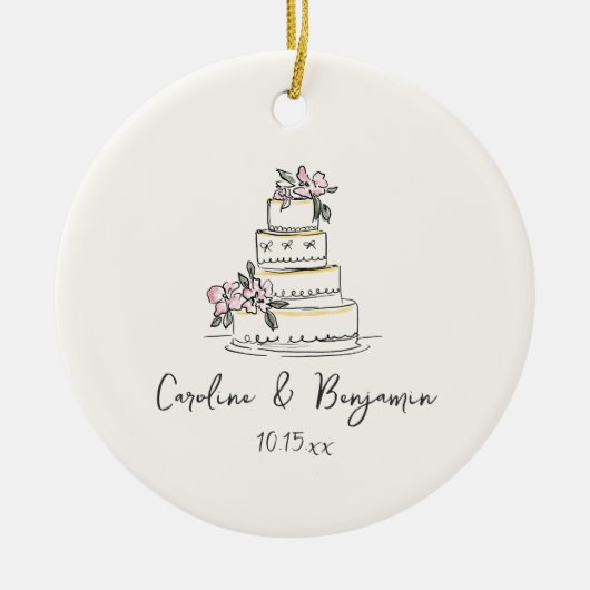 Custom Handwritten Blush Cream Doodle Wedding Cake Keramik Ornament (Vorne)