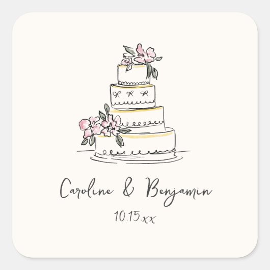 Custom Handwritten Pink Yellow Doodle Wedding Cake Quadratischer Aufkleber (Vorderseite)