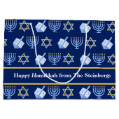 Custom Hanukkah Blue Menorah Dreidel Muster Große Geschenktüte (Rückseite)