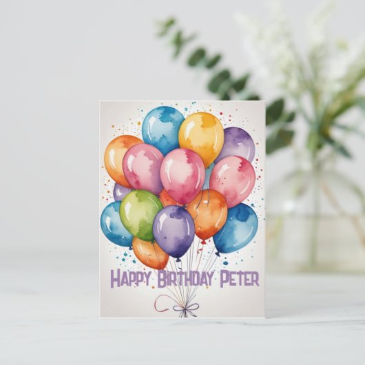 Custom Happy Birthday Ballons Party laden Postkarte (Stehend Vorderseite)
