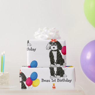 Custom Happy Birthday Black & White Bernedoodle Wr Geschenkpapier