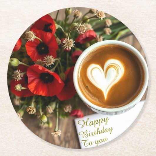 Custom Happy Birthday Coffee Cup with Heart Runder Pappuntersetzer (Vorderseite)