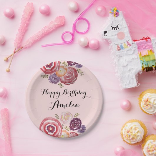 Custom Happy Birthday Pink Blume Paper Plate Pappteller (Party)