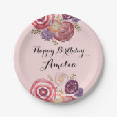 Custom Happy Birthday Pink Blume Paper Plate Pappteller (Vorderseite)
