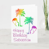 Custom Happy Birthday Rainbow Flamingos Palm Tree Karte (Vorderseite)