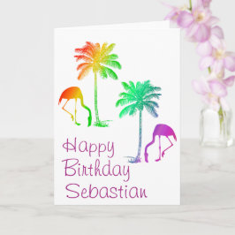 Custom Happy Birthday Rainbow Flamingos Palm Tree Karte