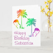 Custom Happy Birthday Rainbow Flamingos Palm Tree Karte (Gelbe Blume)