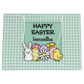 Custom Happy Easter Bunny Chick Green Gingham Große Geschenktüte (Vorderseite)