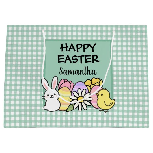 Custom Happy Easter Bunny Chick Green Gingham Große Geschenktüte (Vorderseite)