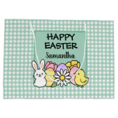 Custom Happy Easter Bunny Chick Green Gingham Große Geschenktüte (Rückseite)