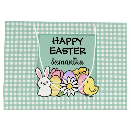Custom Happy Easter Bunny Chick Green Gingham Große Geschenktüte (Rückseite)