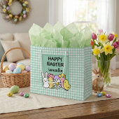 Custom Happy Easter Bunny Chick Green Gingham Große Geschenktüte