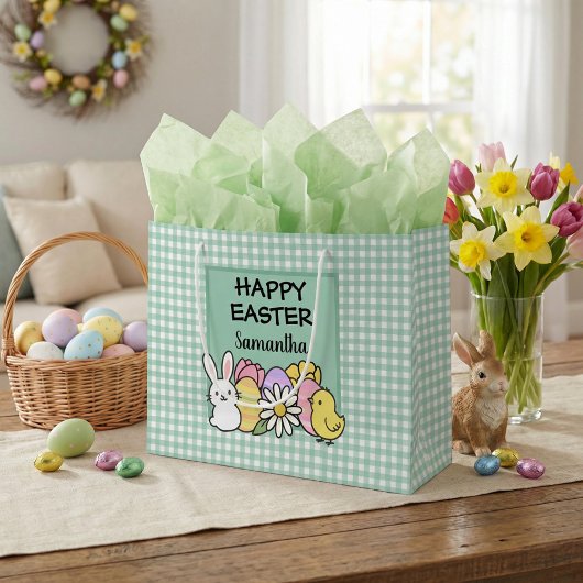 Custom Happy Easter Bunny Chick Green Gingham Große Geschenktüte