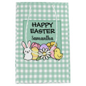 Custom Happy Easter Bunny Chick Green Gingham Mittlere Geschenktüte (Vorderseite)