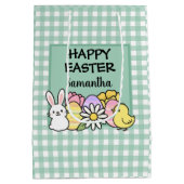 Custom Happy Easter Bunny Chick Green Gingham Mittlere Geschenktüte (Rückseite)