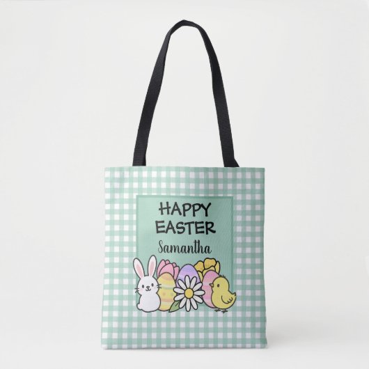Custom Happy Easter Bunny Chick Green Gingham Tasche (Vorderseite)