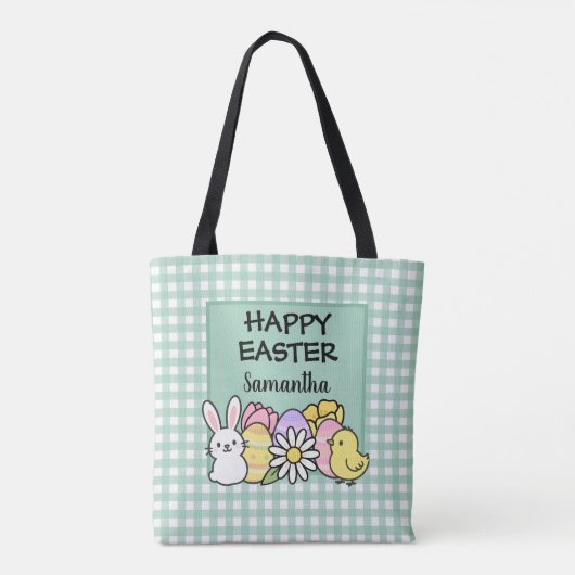 Custom Happy Easter Bunny Chick Green Gingham Tasche (Rückseite)