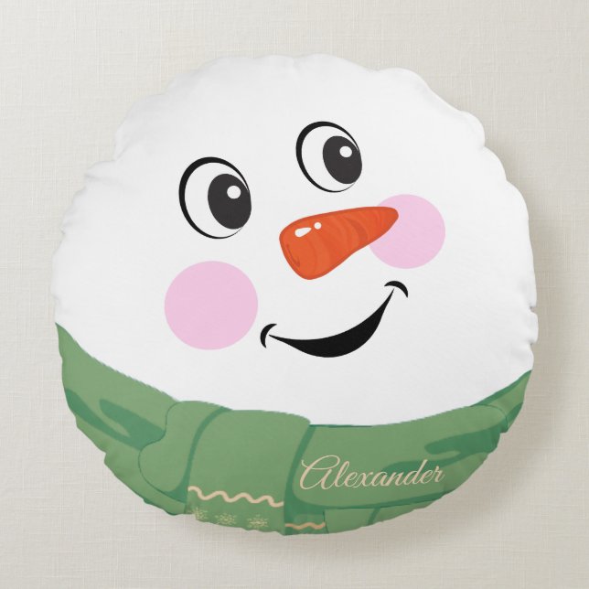 Custom Happy fun Snowman mit Green Scarf rund Rundes Kissen (Vorderseite)