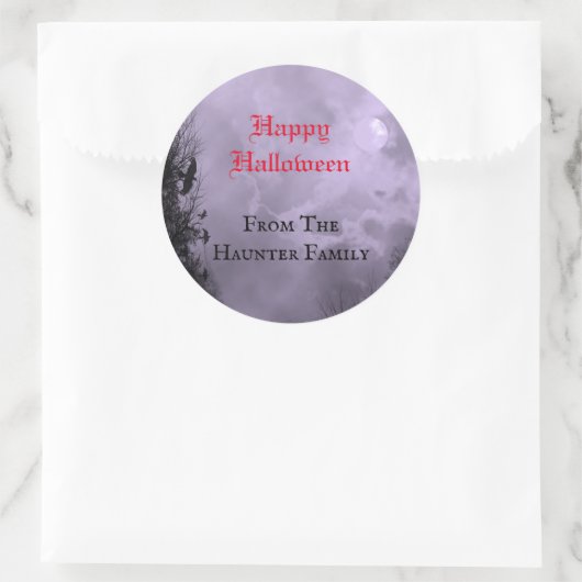 Custom Happy Halloween Full Moon und Raven Lila Runder Aufkleber (Tasche)