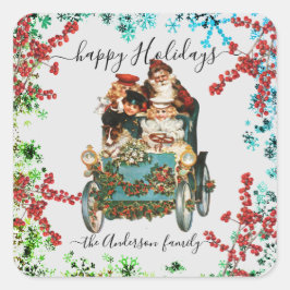 Custom Happy Holidays Chic Rustic Vintag Ephemera Quadratischer Aufkleber